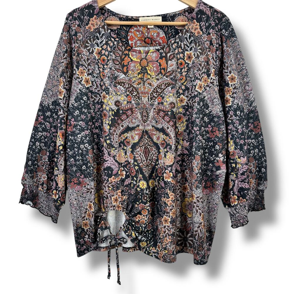 Farmers Market Deco Tie Waist Jacobean Floral Embellished Shirt Plus Size 1X